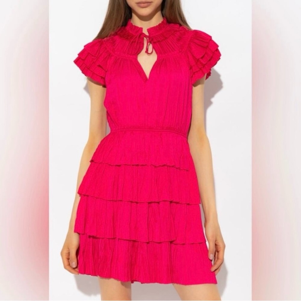 NWT ULLA JOHNSON | Bright Satin Ruffled V-Neck Vesna Dress In Orchid Sz. 0‎